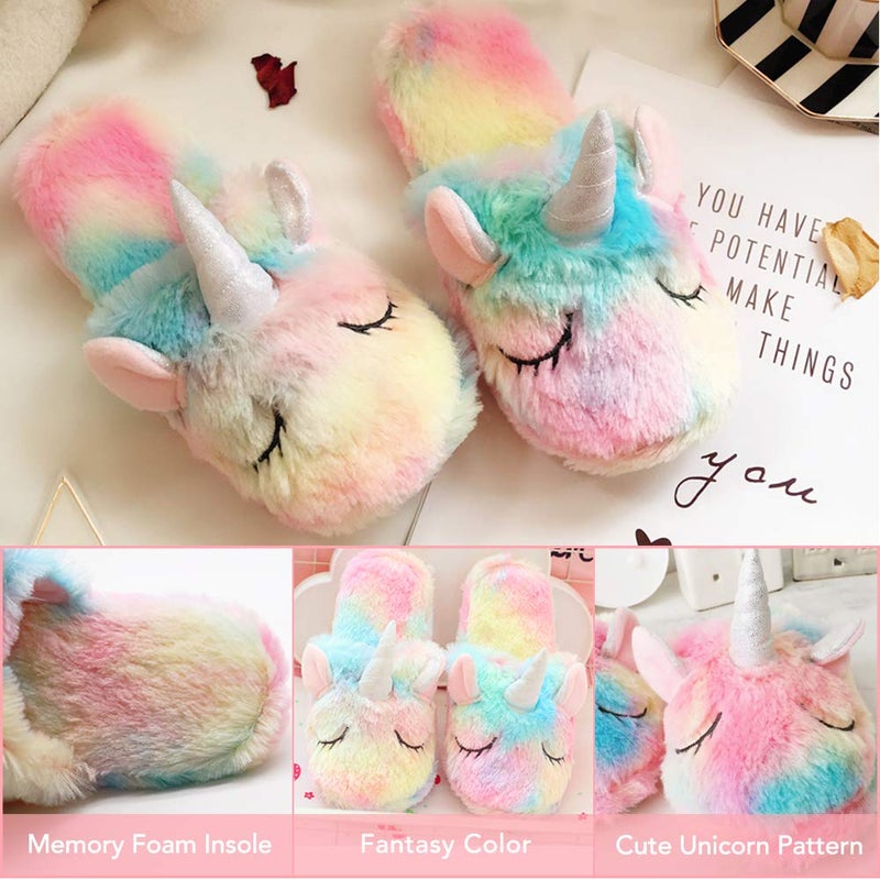 Techcity Rainbow Unicorn Kids Slippers - Cute Fluffy, Cozy Plush Indoor/Outdoor Unicorn Gifts - Image 3